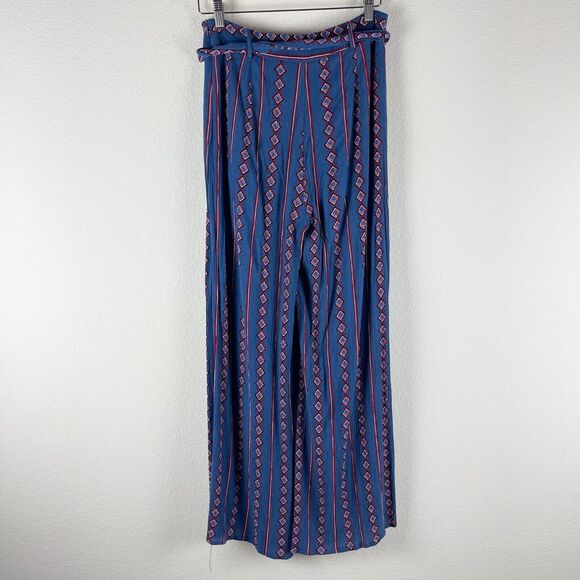 L'atiste Wide Leg Pants Womens Large Blue Size Zip Slit Waist Tie Boho Aztec - Picture 7 of 14
